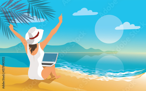 Work from anywhere.young woman, female freelancer in straw hat working on laptop, keeping arms raised and cellebrating success while sitting on the tropical sandy beach at sunset. vector,illustration