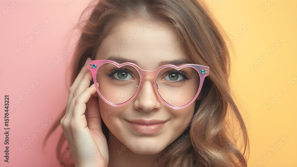 Fototapeta premium Beautiful woman wearing heart-shaped glasses, Valentine's Day image