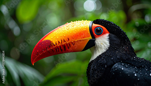 Nature's Detail: Close-Up of Tropical Bird Beak with Water Droplets Against Blurred Jungle Background