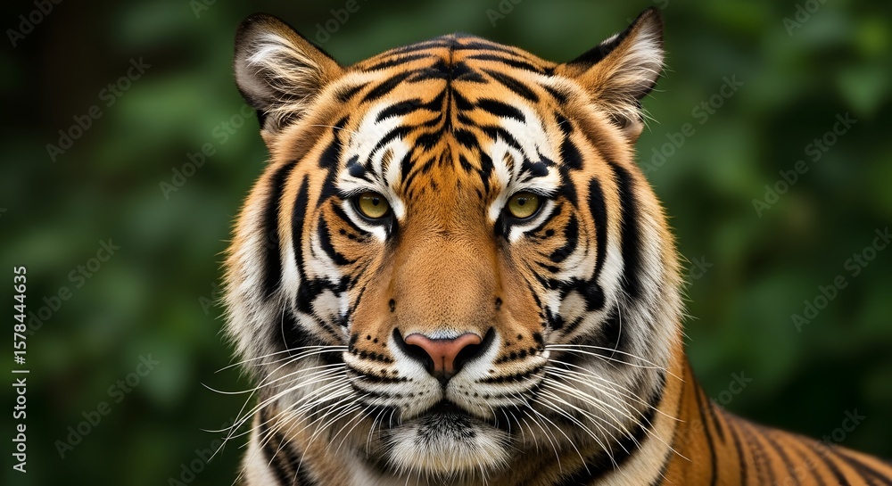 Fototapeta premium Majestic tiger portrait, intense gaze, orange and black stripes, lush green background