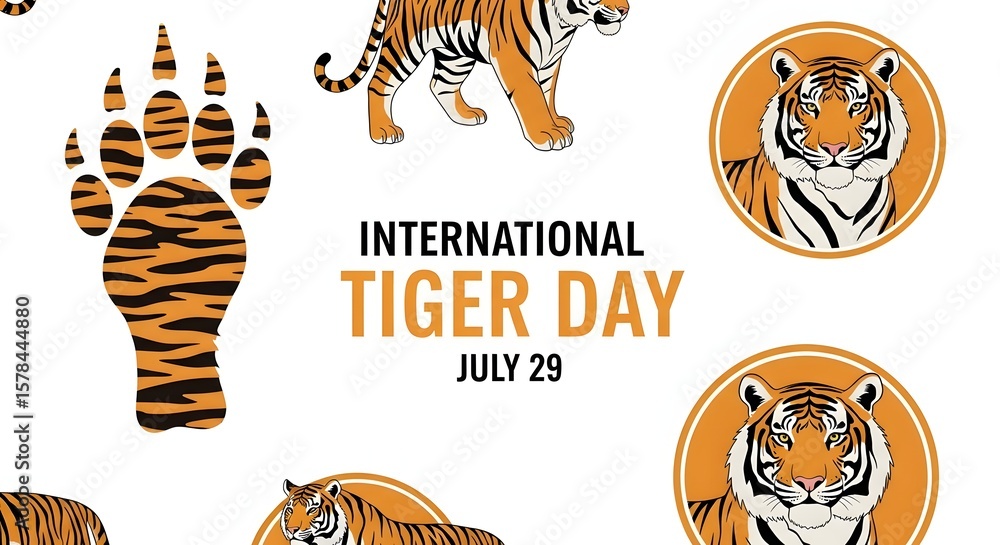 Obraz premium International Tiger Day illustration with tiger paw print, walking tiger, and tiger portraits in circles