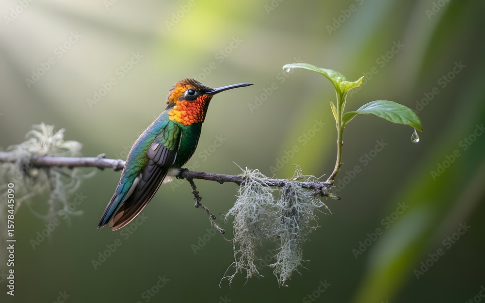 Fototapeta premium A vivid hummingbird perched on a branch beside delicate green leaves and a water droplet