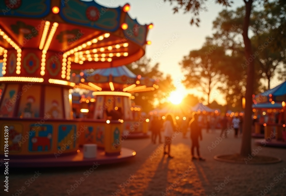Fototapeta premium Sunny Amusement park with campfire during flashlight