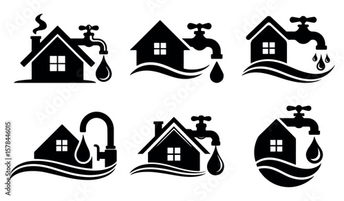 Plumbing and Water Service Logo Set – House Faucet Drop Vector Icons for Utility Branding