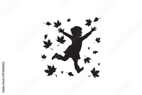 Silhouette of a Young Girl Jumping in the Air Surrounded by Falling Autumn Leaves in a Joyful and Playful Celebration of Fall Season