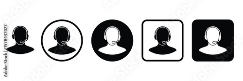 Set of customer support operator icons with headset silhouette in black and white, round and square shapes