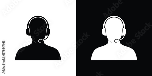 Silhouette icon of customer support representative with headset in black and white contrast design