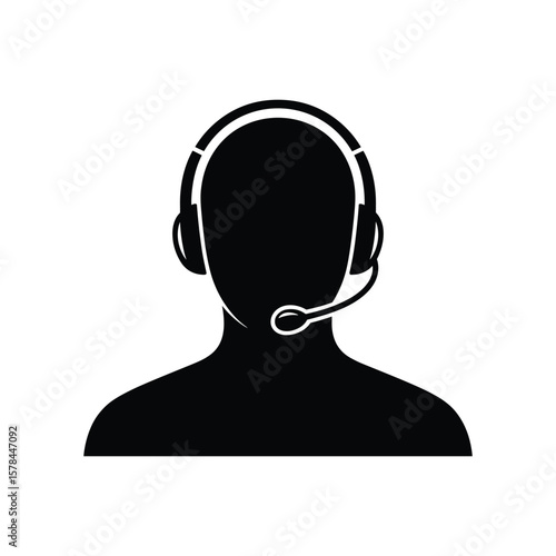 Black silhouette icon of a call center agent with headset and microphone on white background