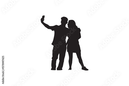 Silhouette of a young couple taking a selfie with a smartphone isolated on a white background representing modern relationships and technology use in social media