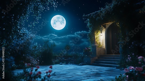 Nighttime garden house patio moonlight