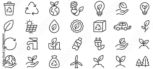 Eco & Sustainability Line Icons Pack – Minimal Vector Symbols for Green Energy, Recycling, Renewable Resources, and Environmental Awareness Projects