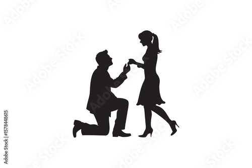 Silhouette of a Man Proposing to a Woman with a Ring on White Background Romantic Moment of Love and Commitment Marriage Proposal