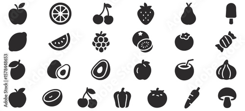 Food and Fruits Glyph Line Icons Pack – Unique Vector Icons Featuring Fresh Fruits, Vegetables, Healthy Snacks, and Organic Food Symbols