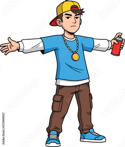 Urban street artist spraying graffiti on wall, wearing colorful clothes, hip-hop fashion, sneakers, creativity, youth expression, street culture, city