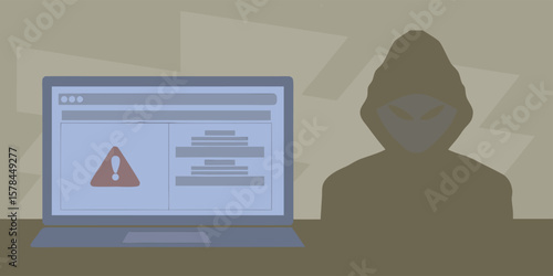 Hacker with warning on laptop screen hooded figure