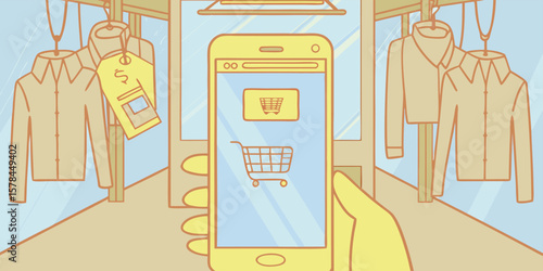 Hand holding phone shopping for clothes technology