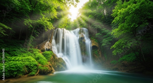 Sunlight Streams Through Lush Green Forest Illuminating a Beautiful Cascading Waterfall and Serene Pool Below