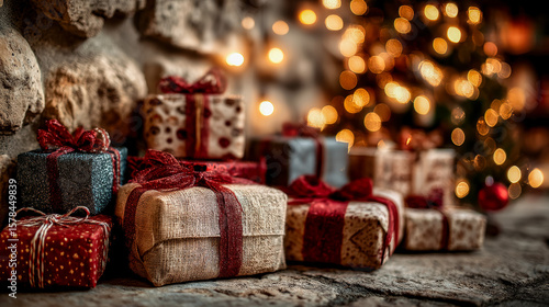 Festive Christmas gift boxes under a glowing decorated tree