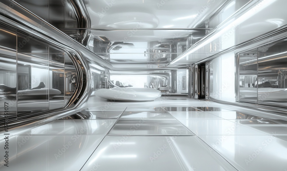 Obraz premium high-tech interior textures, metallic shine, glass surfaces, clean reflections, futuristic palette