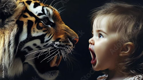 A baby is looking at a tiger. The tiger has its mouth open and is roaring