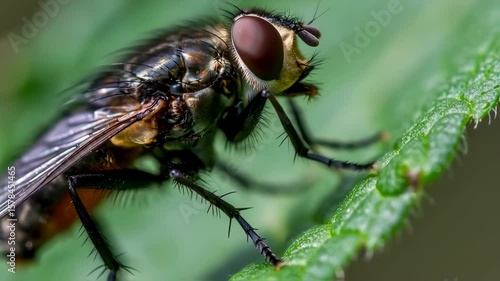 Closeup of a fly perched on a green leaf with detailed textures and vibrant natural lighting