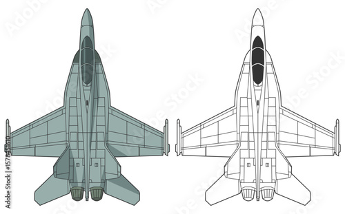 Set F-18 military aircraft design in lineart and colored style from top view. Vector illustrations colorful F-18 hornets fighter jet. Outline drawing united states modern combat aeroplane F18.