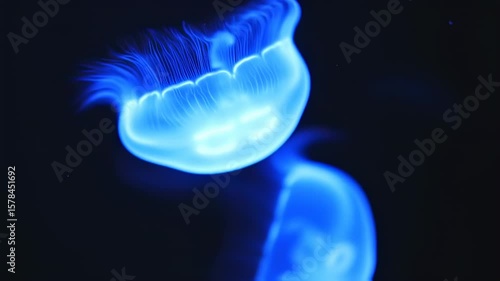 Bioluminescent Jellyfish Floating in Dark Ocean Waters with Glowing Tentacles