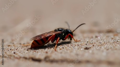 Closeup of a Wasp Walking on Sand Showing Detailed Body and Legs