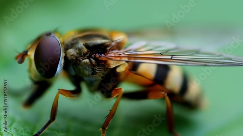 Closeup of a Hoverfly Resting on Leaf with Detailed Macro Focus