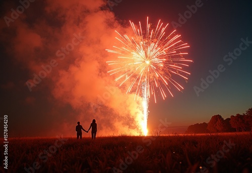 Festive Fireworks display with bonfire during high-key lighting