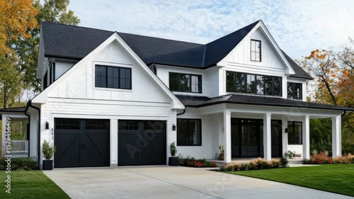 White and gray two-story home with wrap-around porch, bay windows, and shingle siding in a suburban neighborhood.