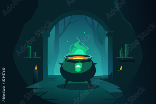 Glowing Cauldron in Dark Room for Halloween