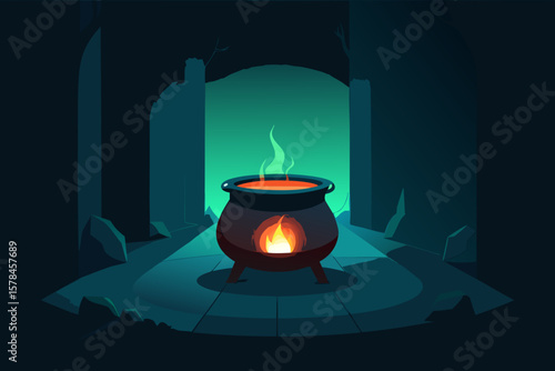 Glowing Cauldron in Dark Room for Halloween