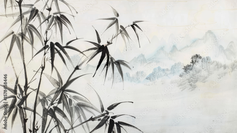 Obraz premium Traditional Ink Bamboo Painting with Mountain Landscape