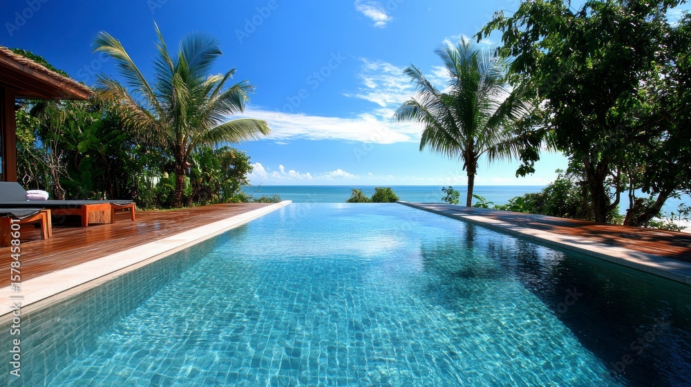Fototapeta premium Infinity pool overlooking ocean, tropical paradise with palm trees and wooden deck.