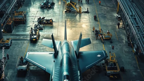 Advanced fighter jet assembly in a futuristic industrial aviation hangar