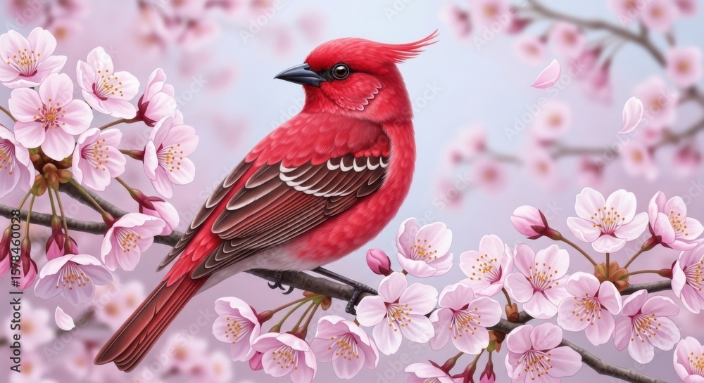Fototapeta premium Vibrant Red Cardinal Perched Amongst Delicate Pink Cherry Blossoms in Springtime