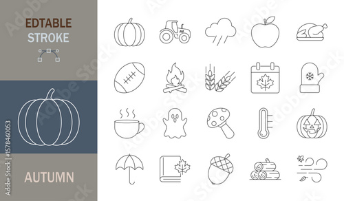 Autumn icon set. Editable line icons. Vector illustration.