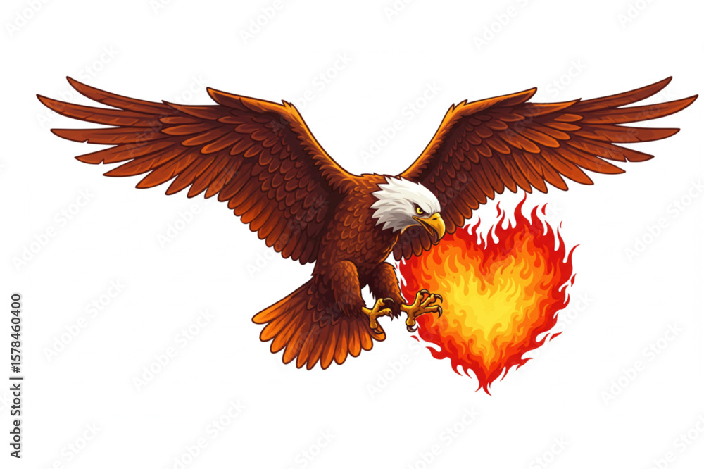 Obraz premium Dramatic eagle soars holding a fiery heart, a powerful design element suitable for emblems, logos, or striking branding projects.