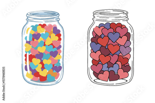 Two glass jars filled with colorful hearts represent love and appreciation, suitable for greeting cards, stickers, and social media content.