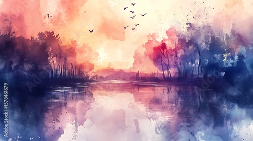 Watercolor forest lake sunset reflection