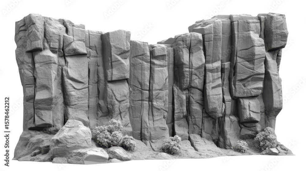 Obraz premium Dramatic Rocky Cliff Formation with Textured Surface and Natural Vegetation in Monochrome