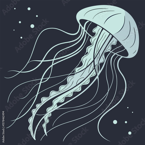 Illustration of a light blue jellyfish with long tentacles floating in dark blue water scene