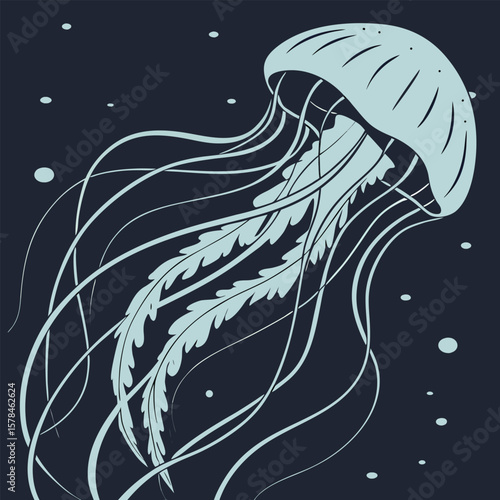 Illustration of a light blue jellyfish with long tentacles floating in a dark blue ocean water scene