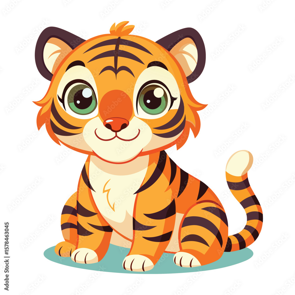 Fototapeta premium A cute cartoon baby tiger cub vector illustration, isolated for your wild animal and nature art projects