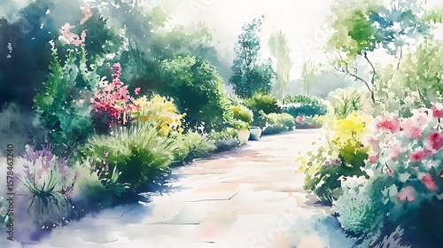 Watercolor garden pathway