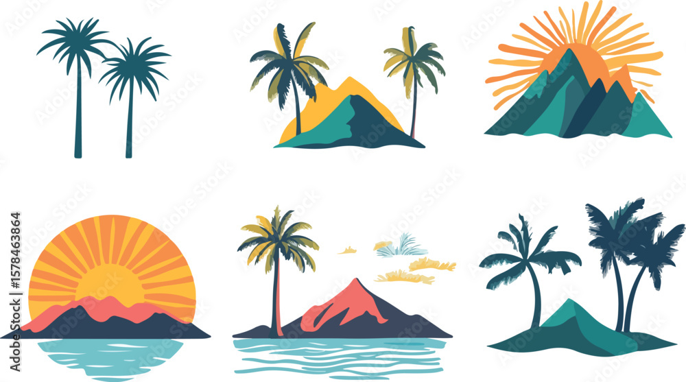 Obraz premium Tropical Island Vector Icons with Palm Trees Mountains and Sunsets