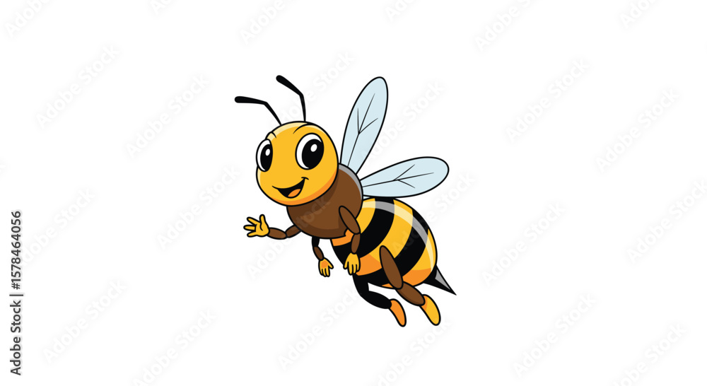 Adorably cute cartoon bee flying through sunny skies with a friendly wave for a sweet greeting Adorably cute cartoon bee flying through sunny skies with a friendly wave for a sweet greeting