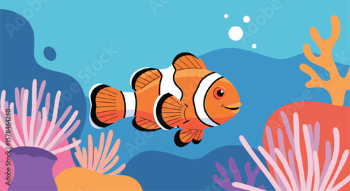 A vibrant clownfish swims gracefully through a colorful coral reef teeming with marine life and aquatic plants creating a beautiful underwater scene