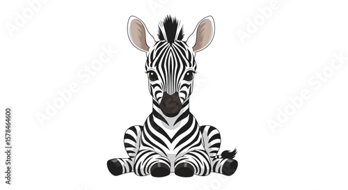 Adorable baby zebra sitting on a white background with big expressive eyes and cute striped mane